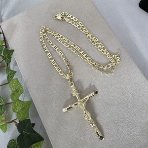 Gold Filled 24" Mariners Link Chain Necklace With Large Crucifix Pendant